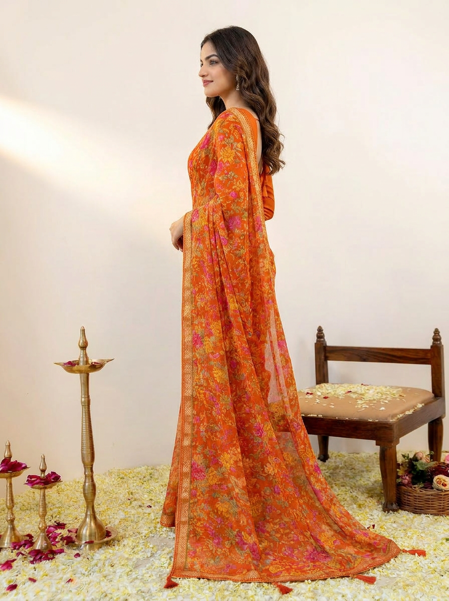 Aarna Floral Printed Chiffon Saree with Lace Border