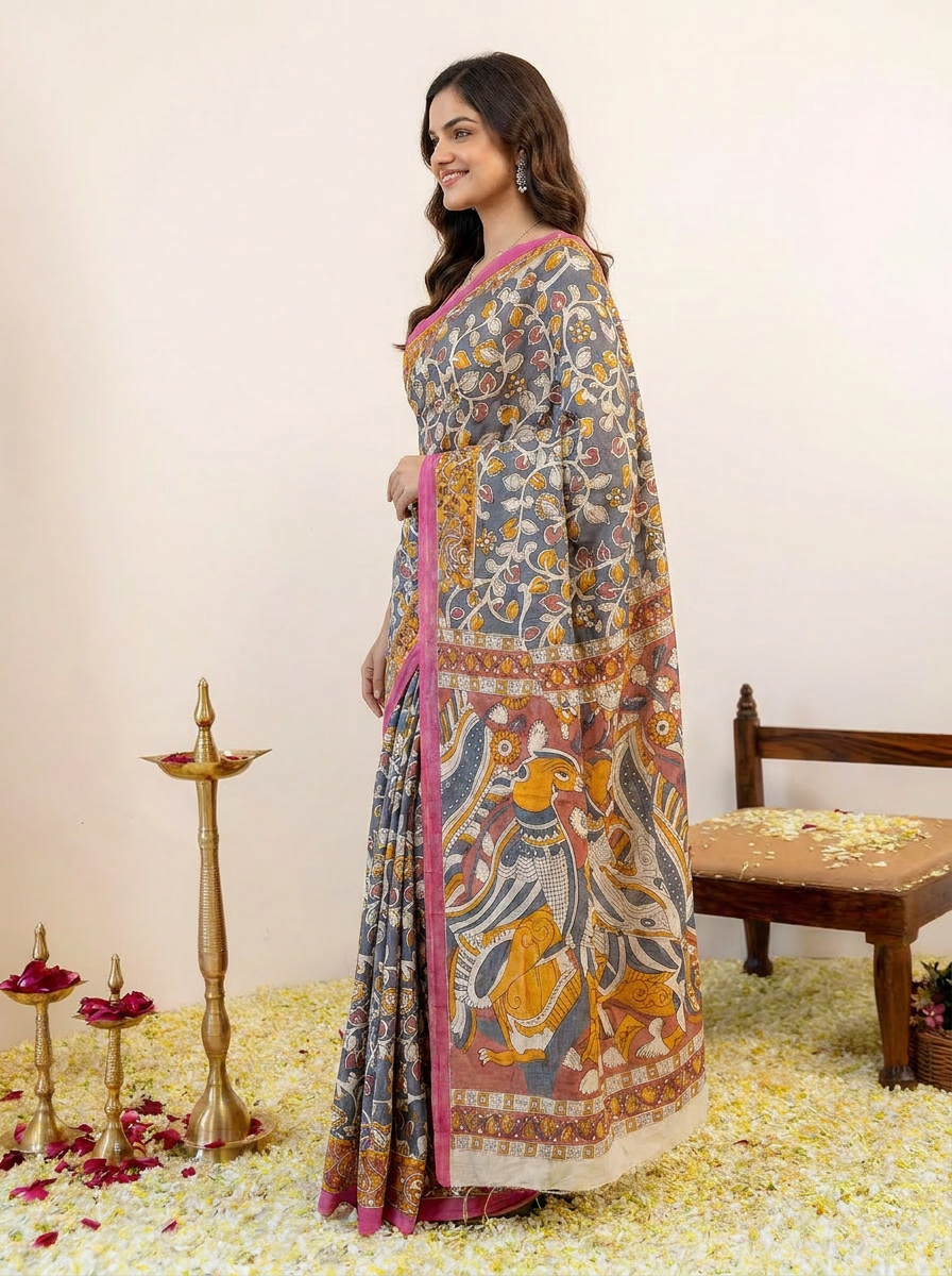 Pure Cotton Grey Saree with Kalamkari Inspired Art & Pink Border