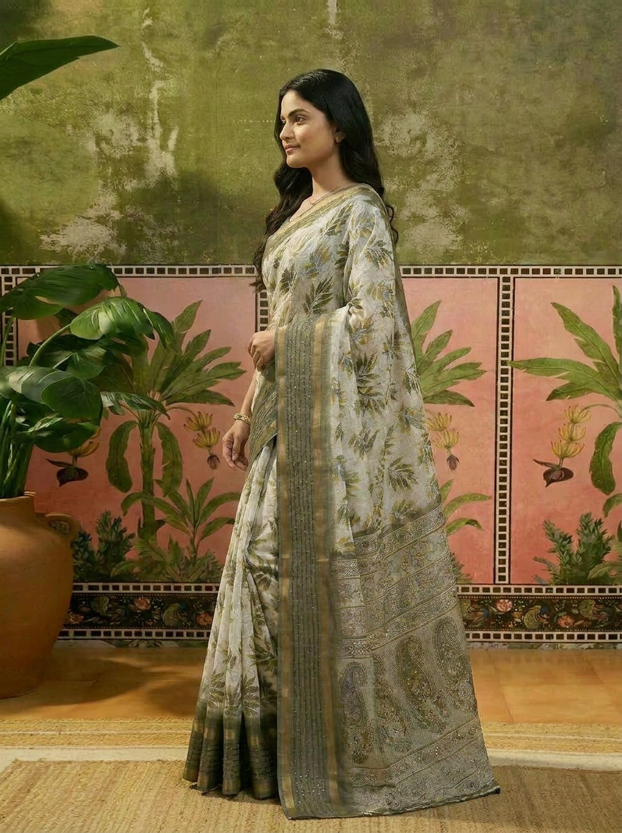 Vriksha Floral Leaf Chanderi Saree - 03 side (2)