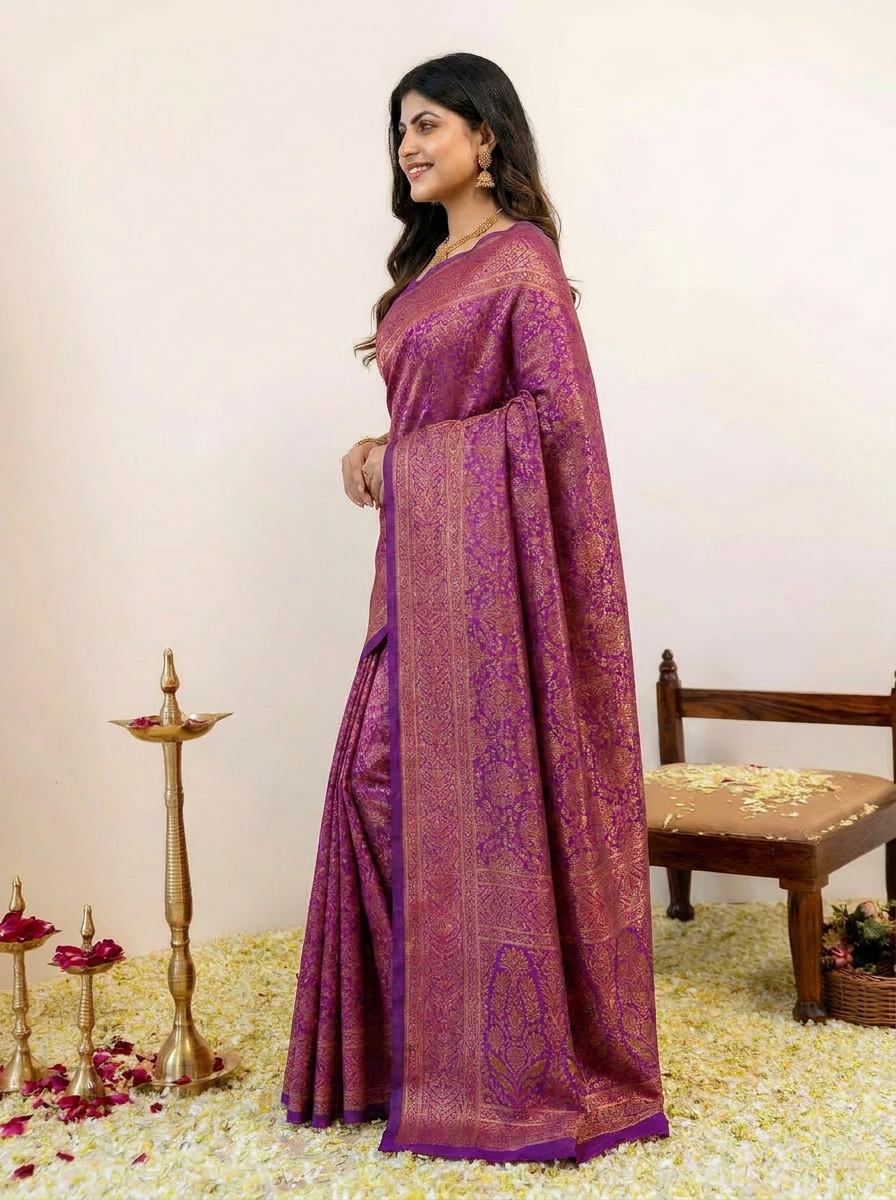 Vibrant Rani Pink Banarasi Silk Saree with Elegant Zari Weaving - 03 side (2)