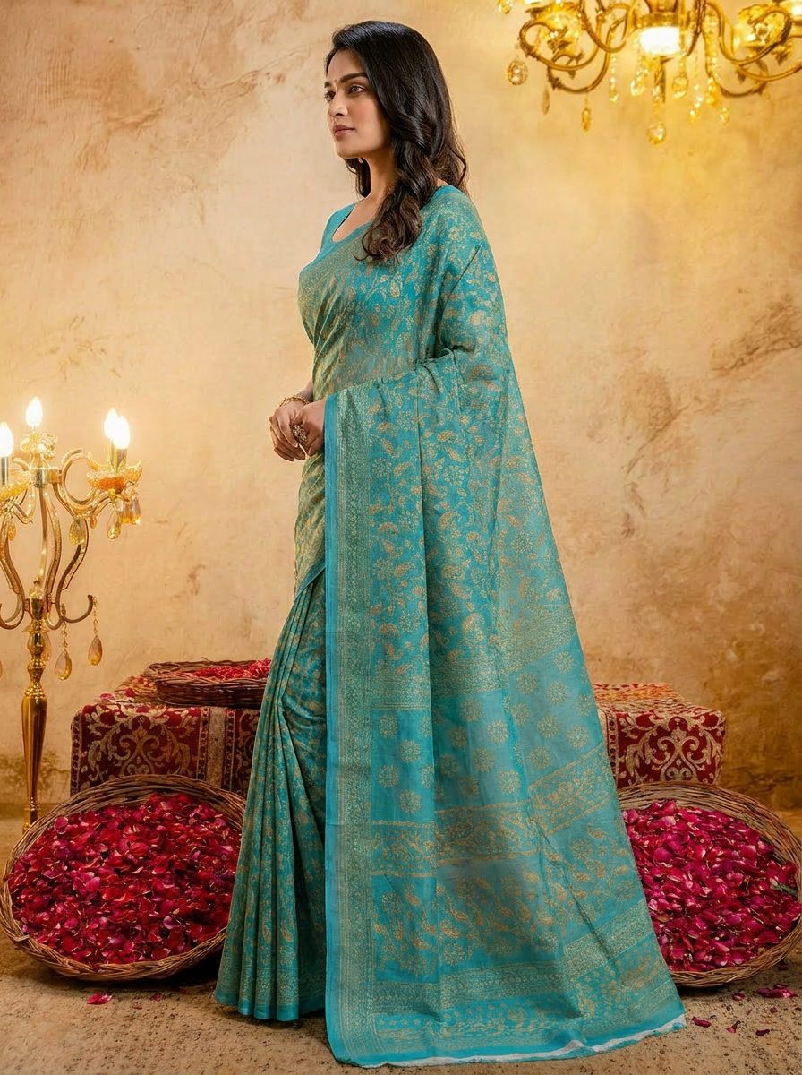 Sea Blue Cotten Saree with Golden Paisley Prints - 03 side (2)