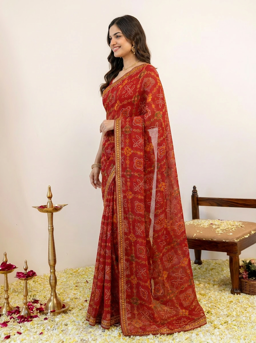 Ishani Bandhani Printed Chiffon Saree with Lace Border - 03 side (2)