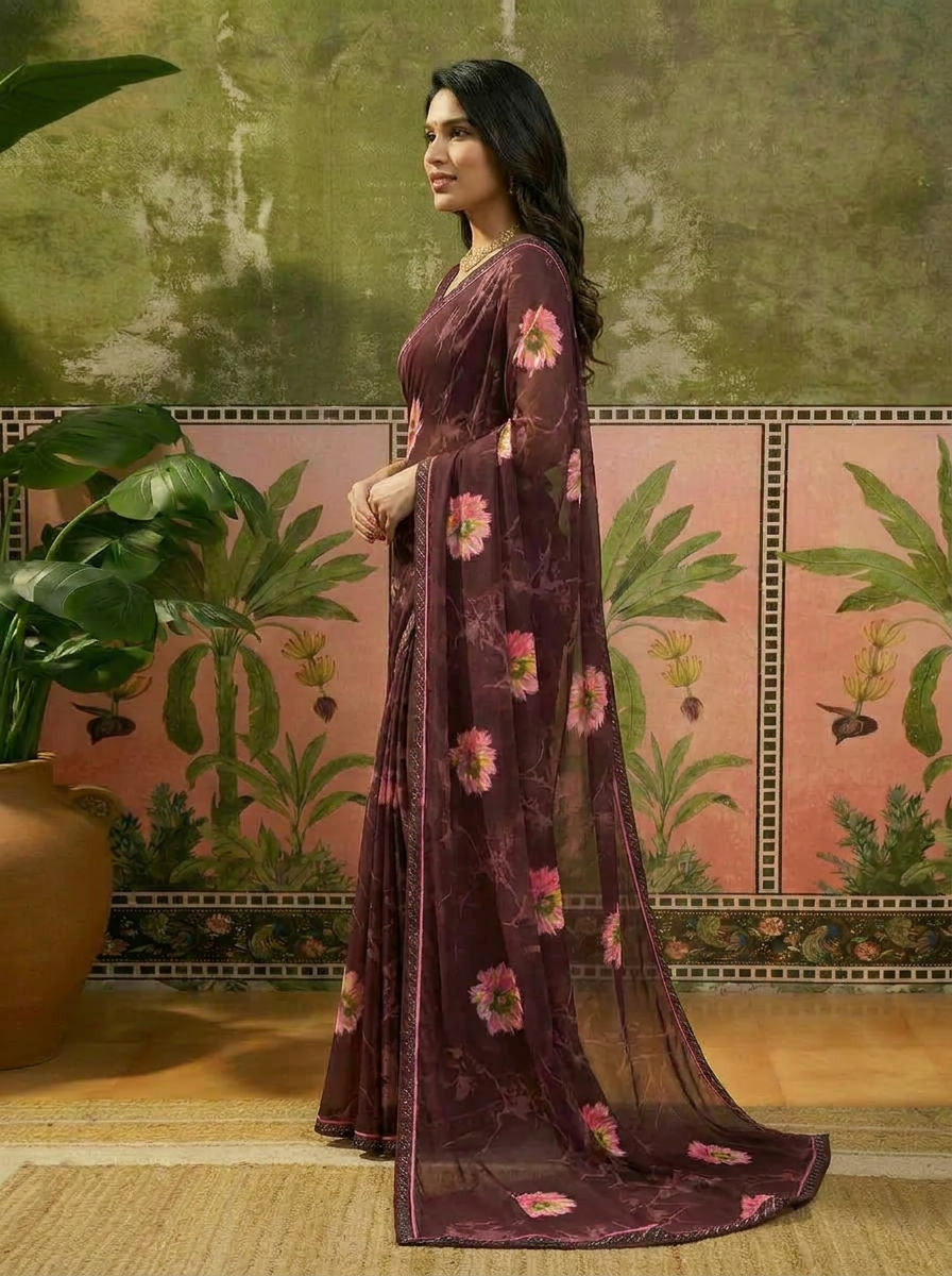 Elegant Olive Brown Floral Printed Saree with Pink Flower Design – Stylish Party & Casual Wear - 03 side (2)
