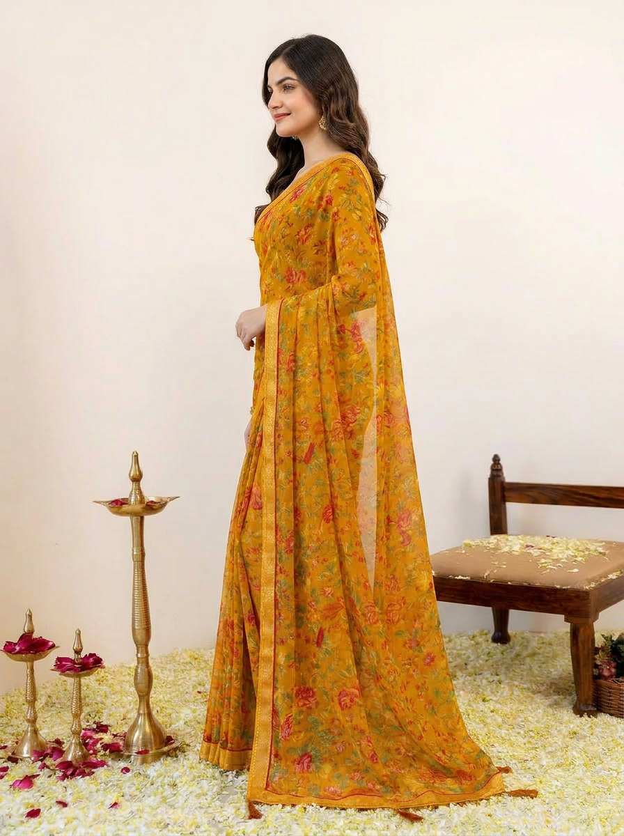 Aarna Floral Printed Chiffon Saree with Lace Border - 03 side (2)