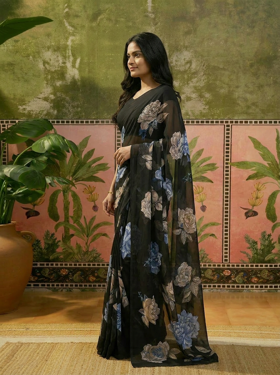 Elegant Black Floral Printed Chiffon Saree with Flower Design – Stylish Party & Casual Wear - 03 side (2)