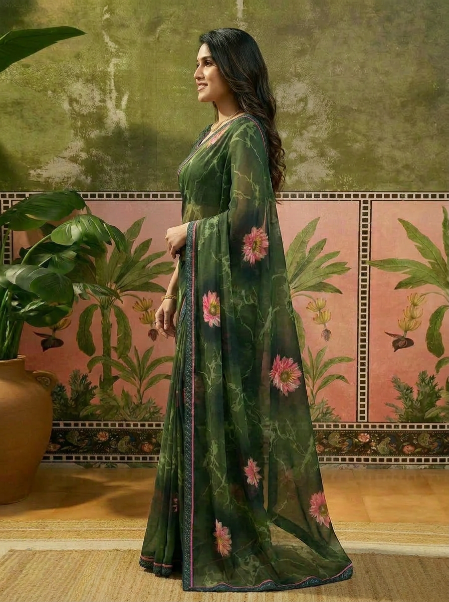 Elegant Olive Brown Floral Printed Saree with Pink Flower Design – Stylish Party & Casual Wear - 03 side (2)