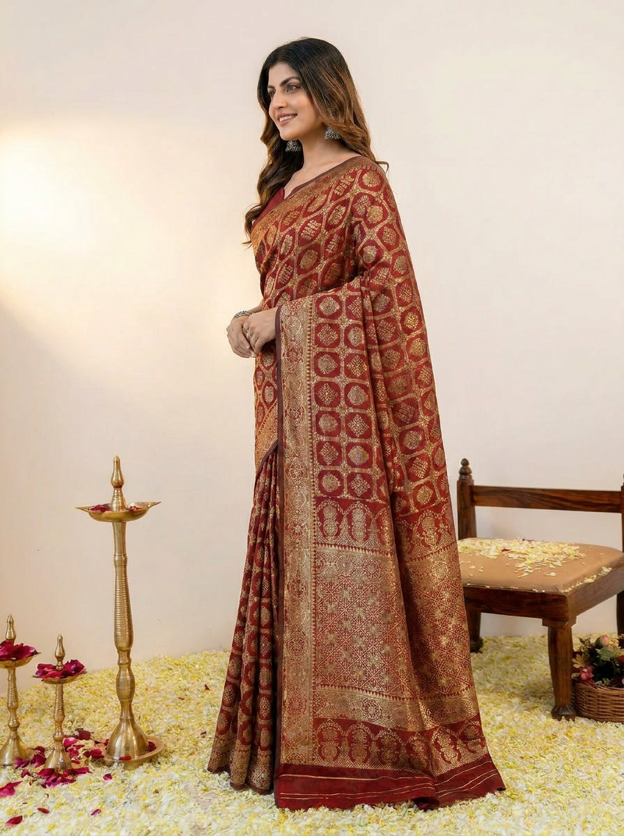 Royal Maroon Banarasi Silk Saree with Intricate Golden Zari Work - 03 side (2)