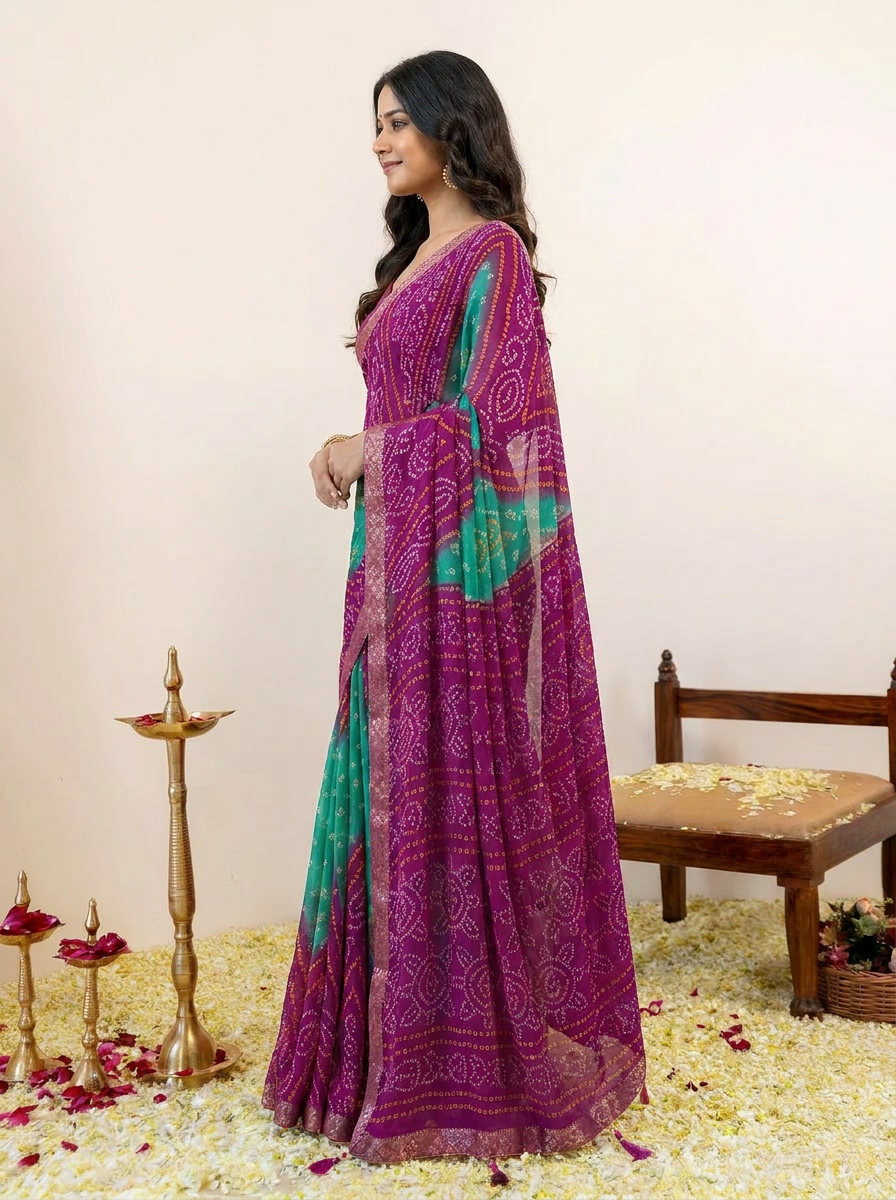 Rangriti Bandhani Chiffon Saree with Lace Border - 03 side (2)