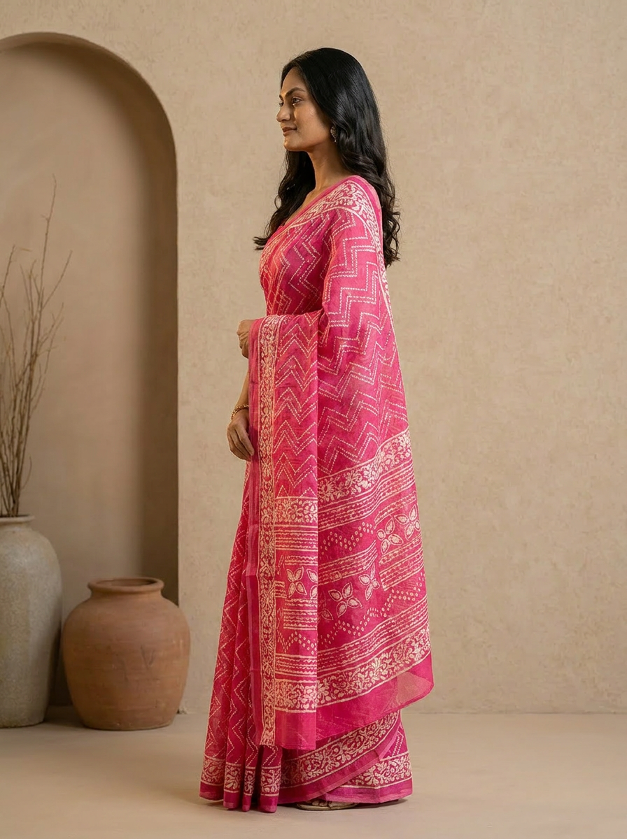 Graceful Pure Cotton Pink Printed Saree with White Ethnic Patterns - 03 side