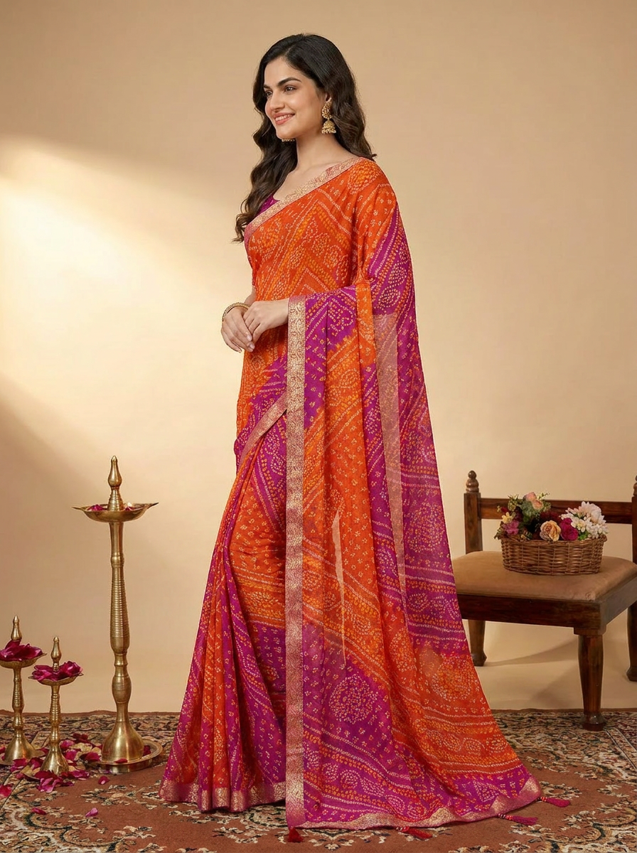 Ishani Bandhani Printed Chiffon Saree with Lace Border - 03 side