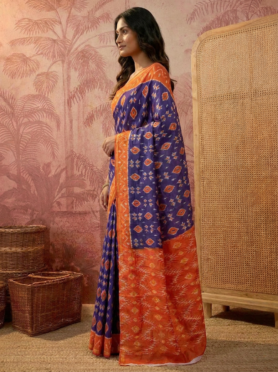 Pure Cotton Navy Blue & Orange Printed Saree with Contrast Border - 03 side