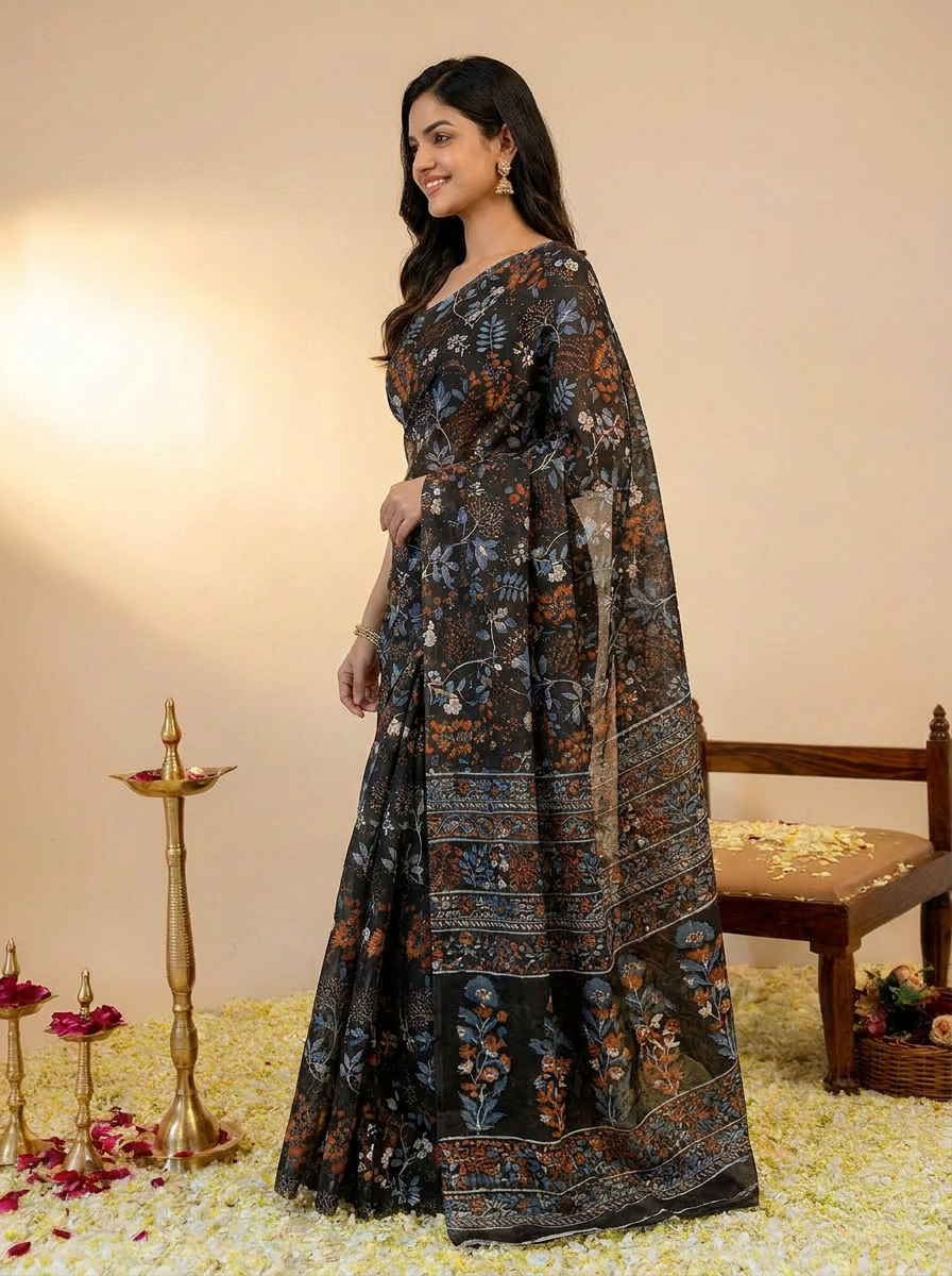 Black Floral Daily Wear Cotton Saree: Focuses on its suitability for everyday comfort and style.