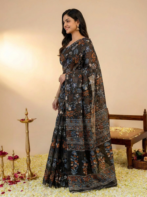 Black Floral Daily Wear Cotton Saree: Focuses on its suitability for everyday comfort and style.