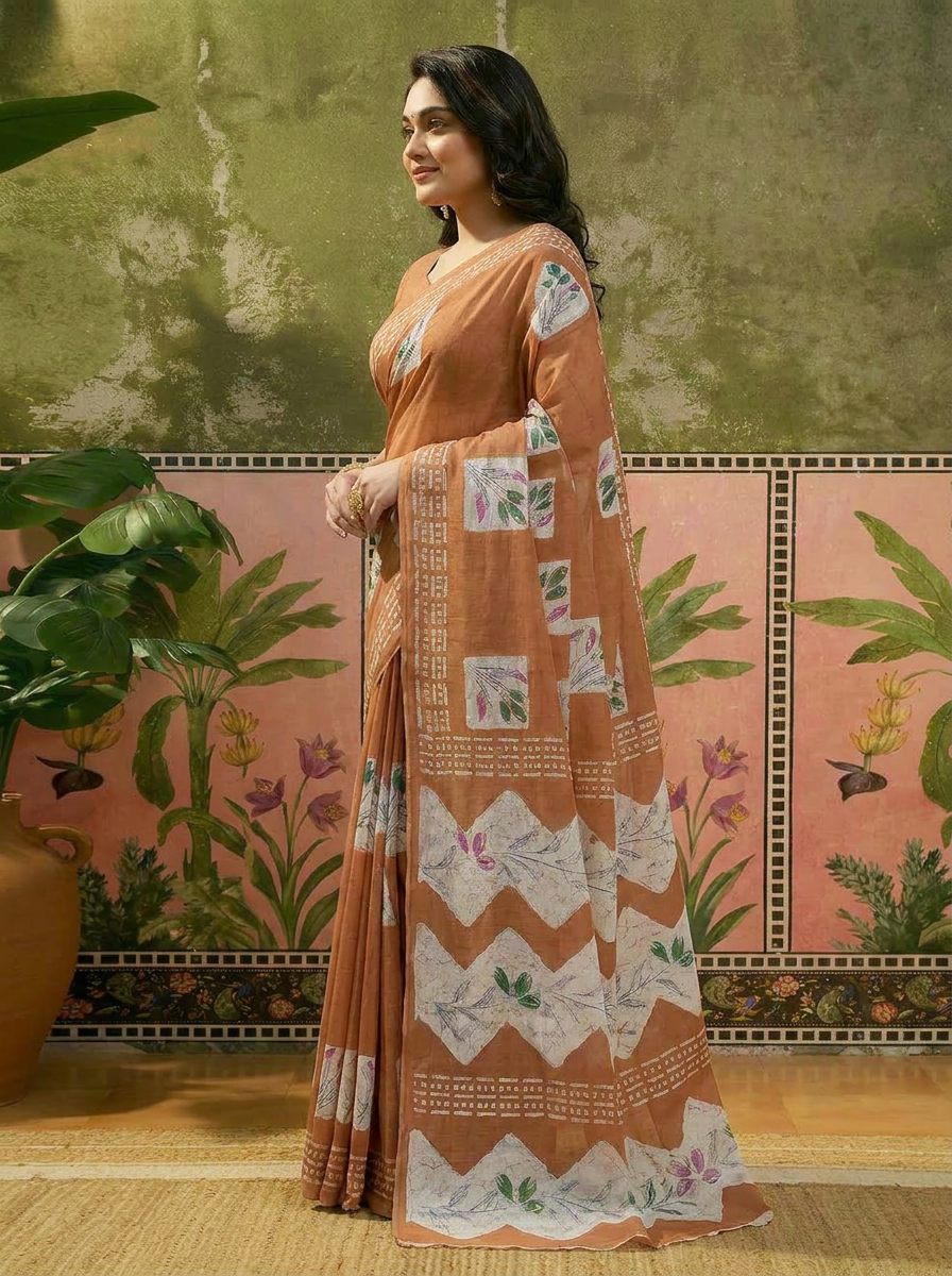 Olive Green Batik Printed Mulmul Cotton Saree - 03 side