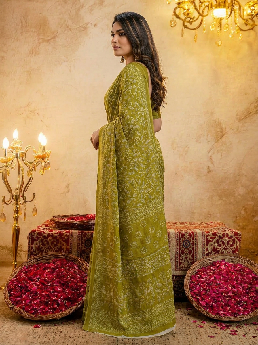 Sea Blue Cotten Saree with Golden Paisley Prints - 03 side