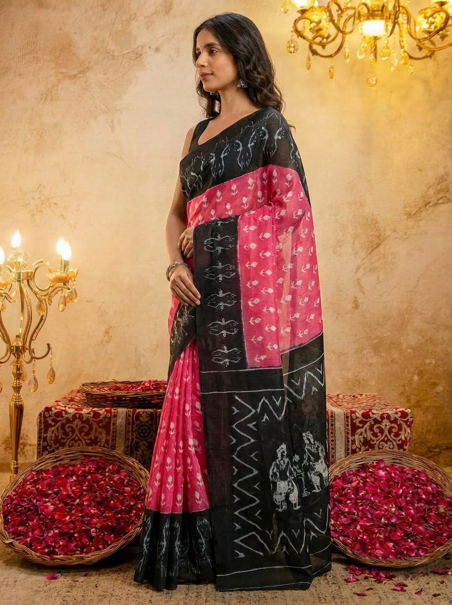 Rama green ikkat print cotton saree with blouse