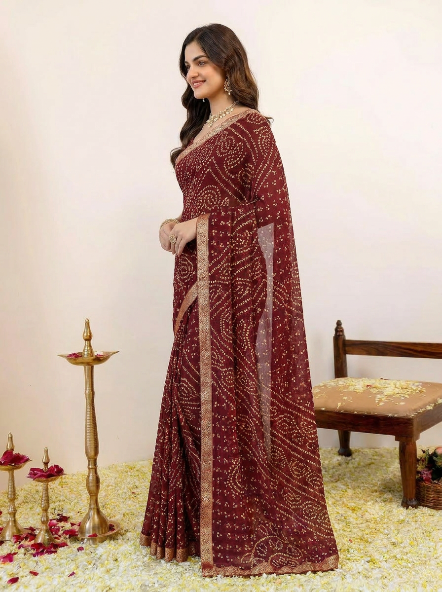Ishani Bandhani Printed Chiffon Saree with Lace Border - 03 side (3)