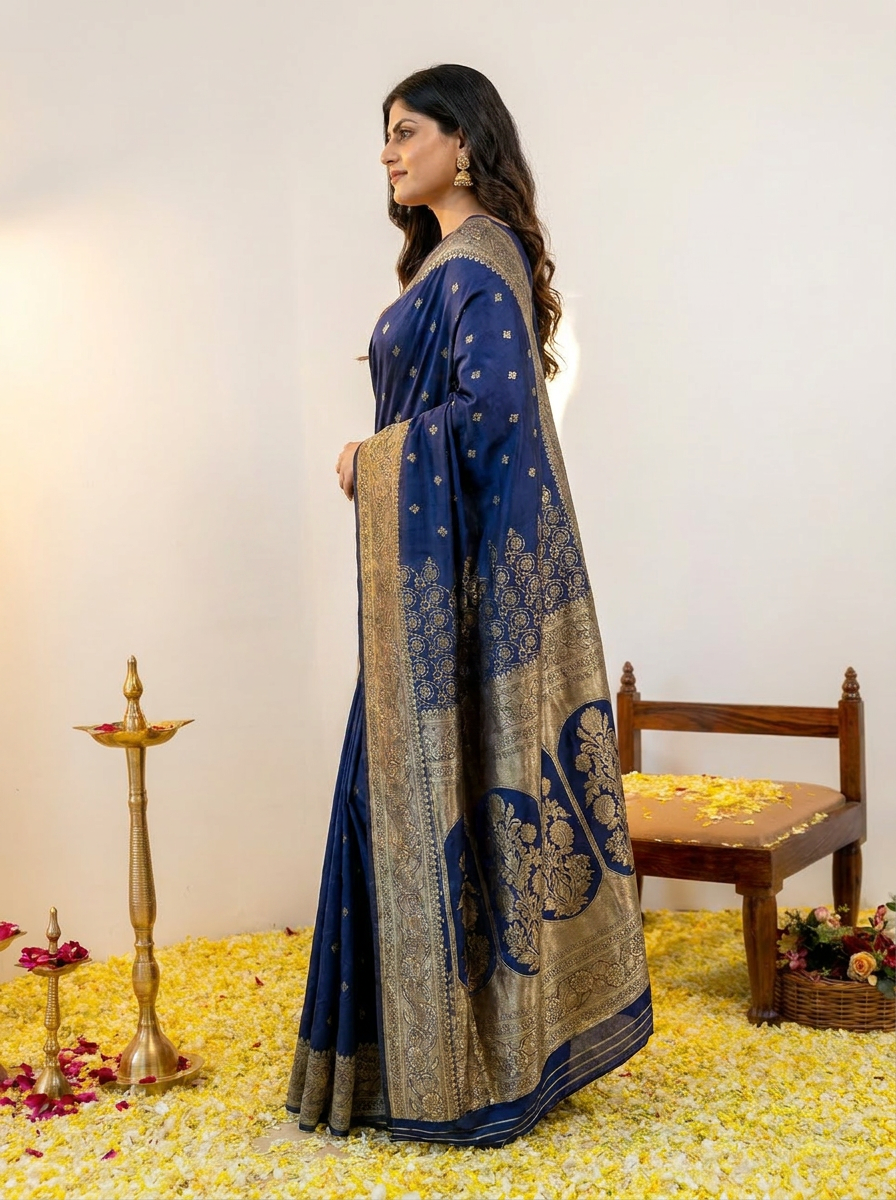 Royal Maroon Banarasi Silk Saree with Rich Golden Zari Border - 03 side (3)