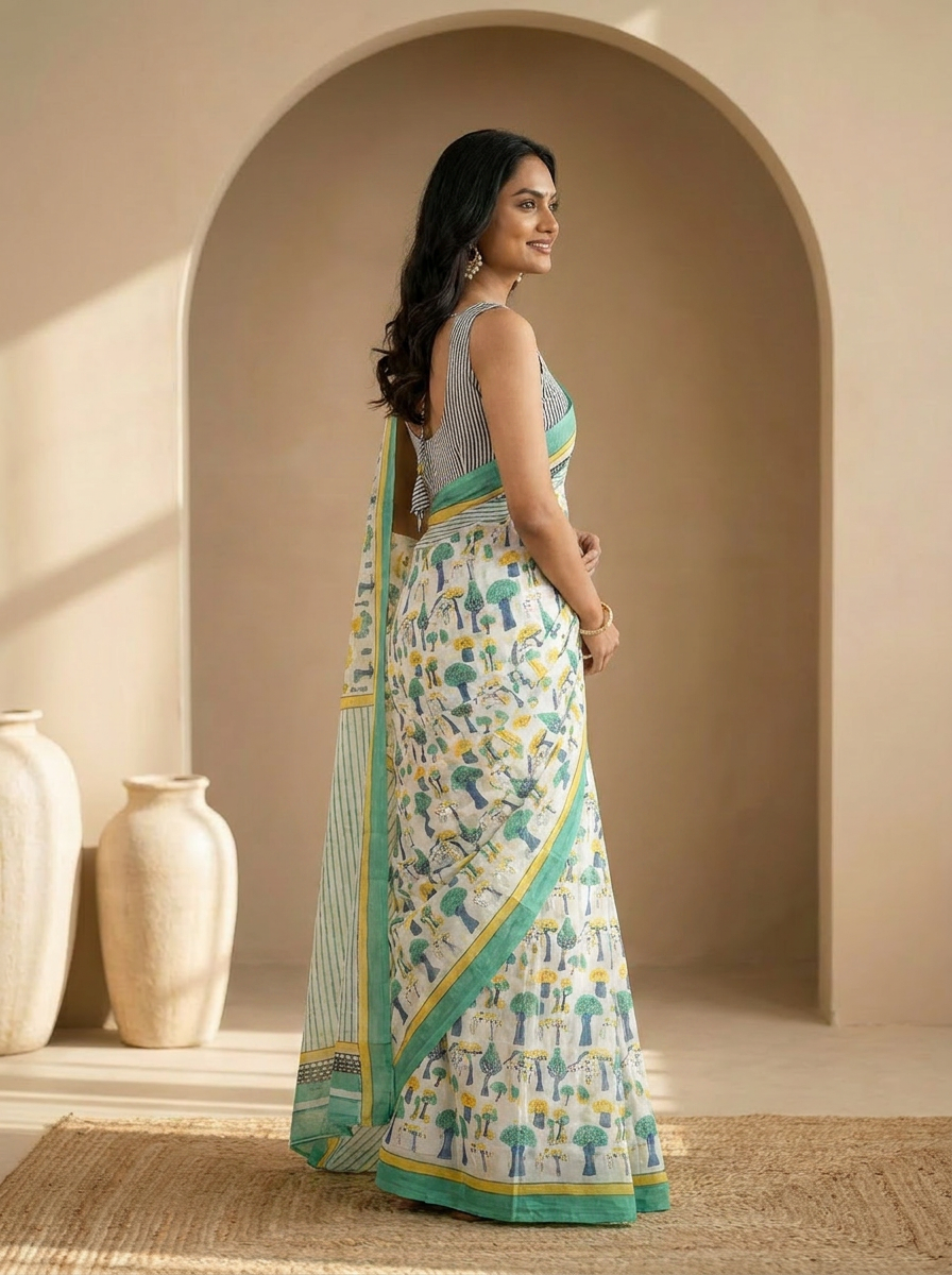 Pure Cotton Off White Saree with Multicolor Abstract Prints & Green Border - 03 side