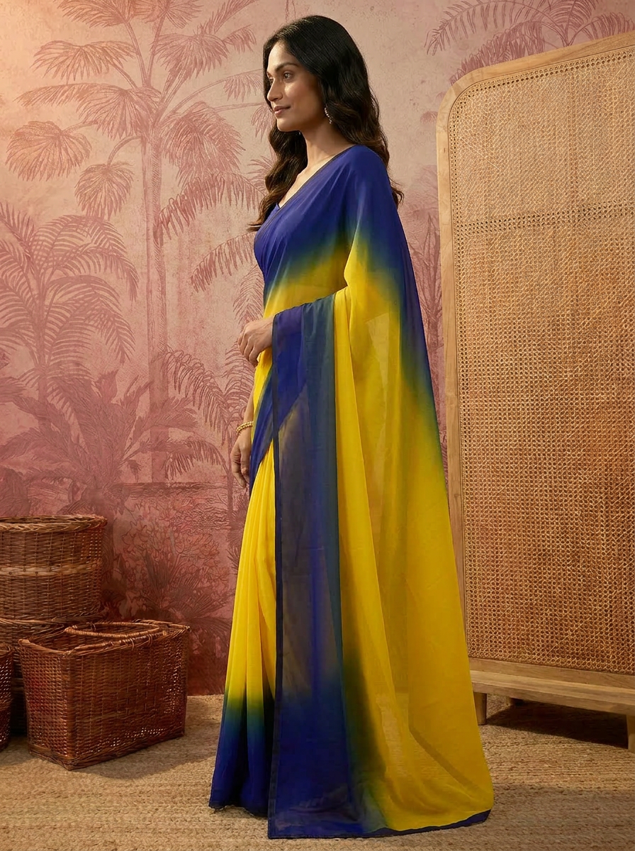 Stylish Green Yellow Ombre Chiffon Saree with Gradient Design – Trendy Party & Casual Wear - 03 side