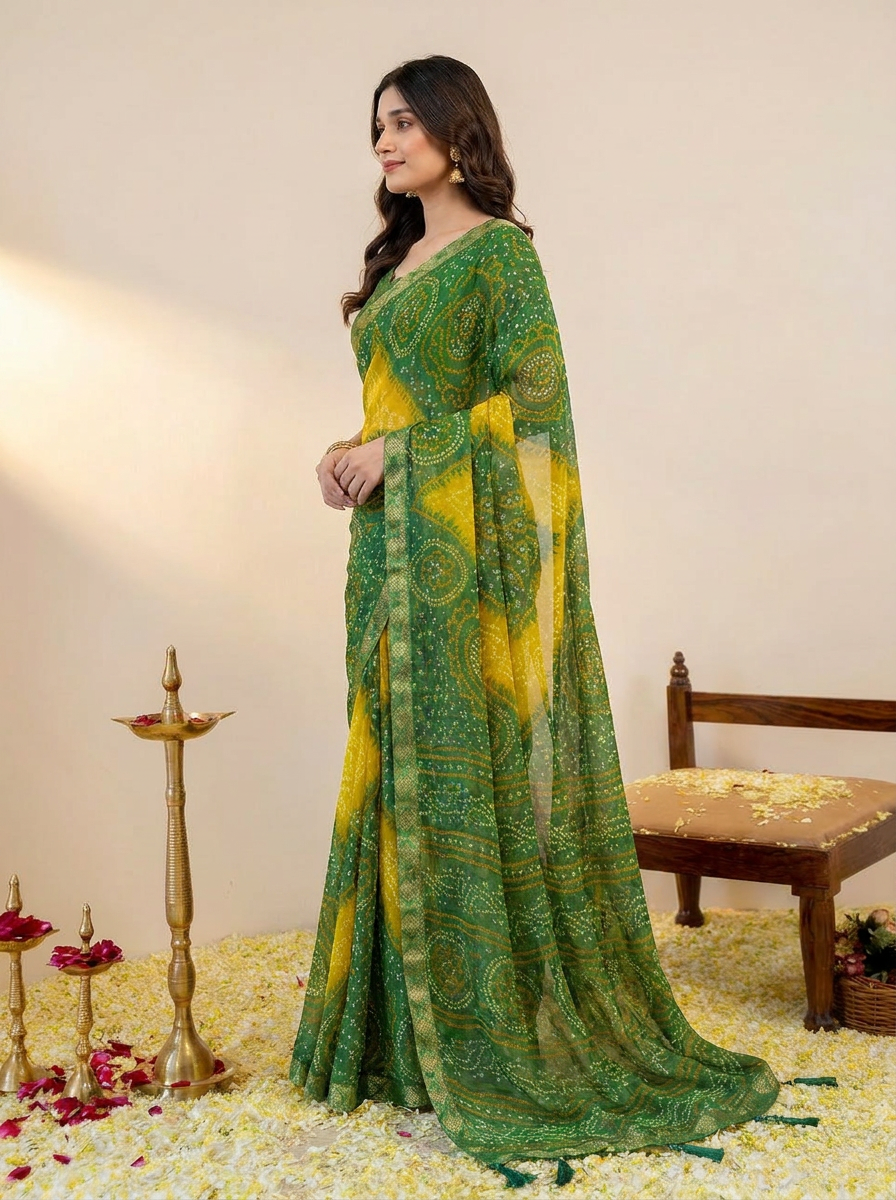 Rangriti Bandhani Chiffon Saree with Lace Border - 03 side (4)