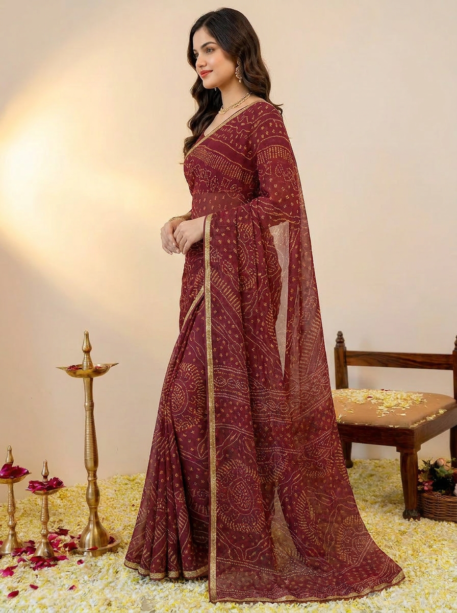 Ishani Bandhani Printed Chiffon Saree with Lace Border - 03 side (4)