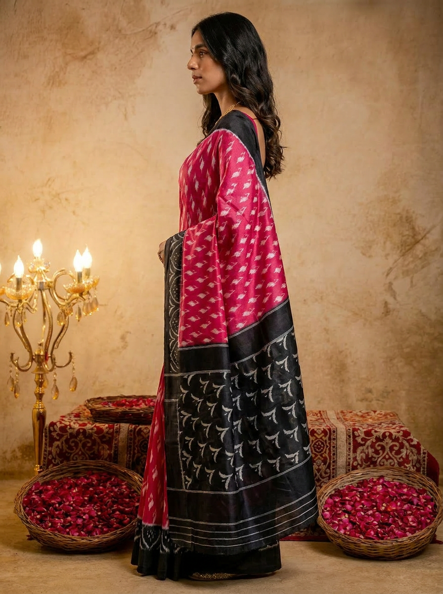 Rama green ikkat print cotton saree with blouse