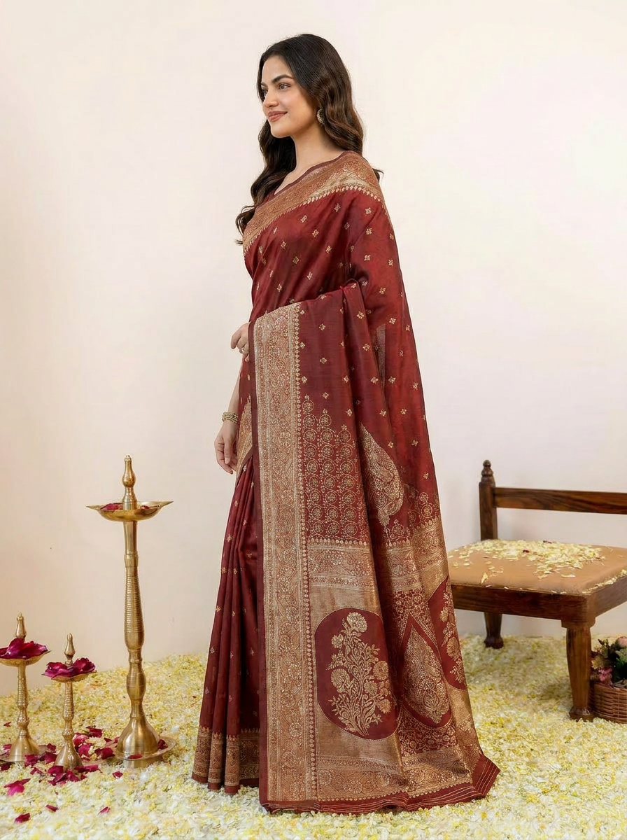 Royal Maroon Banarasi Silk Saree with Rich Golden Zari Border - 03 side (4)