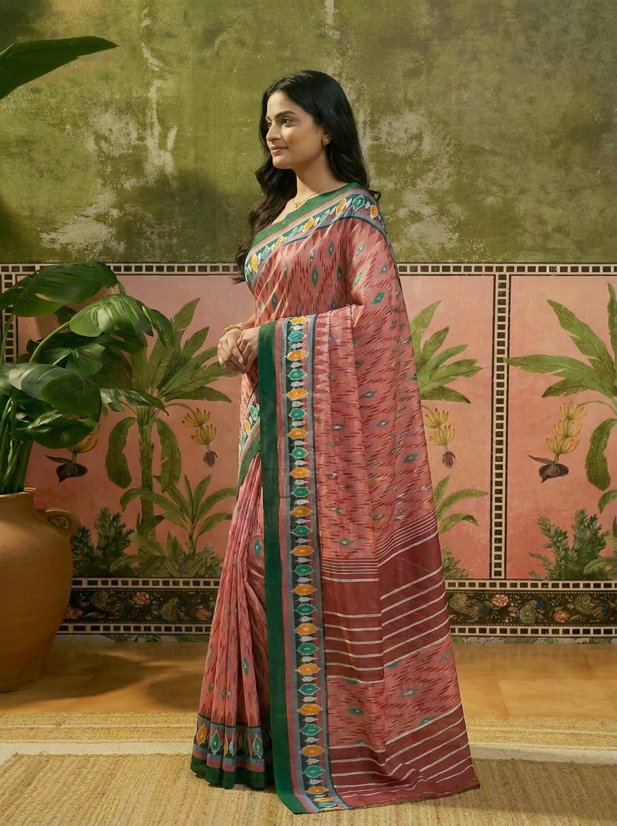 Pure Cotton Peach Saree with Green Border & Ethnic Prints - 03 side