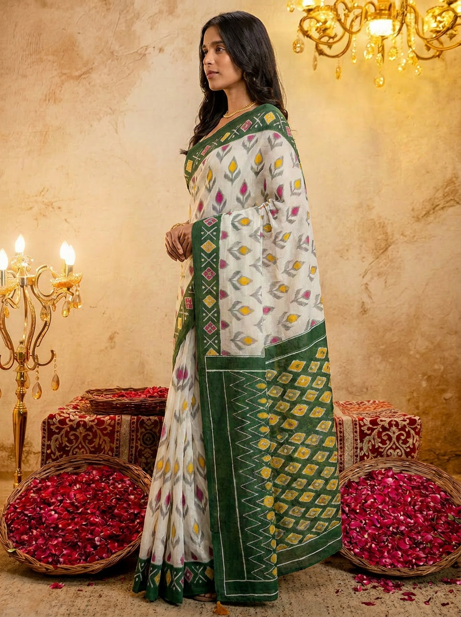 Rama green ikkat print cotton saree with blouse