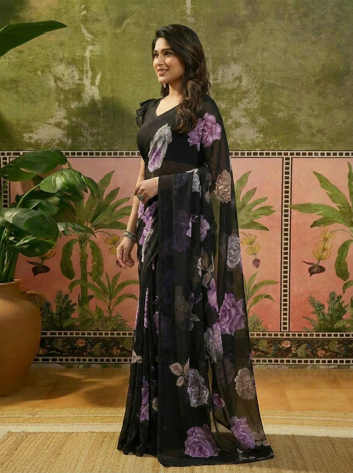 Elegant Black Floral Printed Chiffon Saree with Flower Design Ã¢â‚¬â€œ Stylish Party & Casual Wear - 03 side