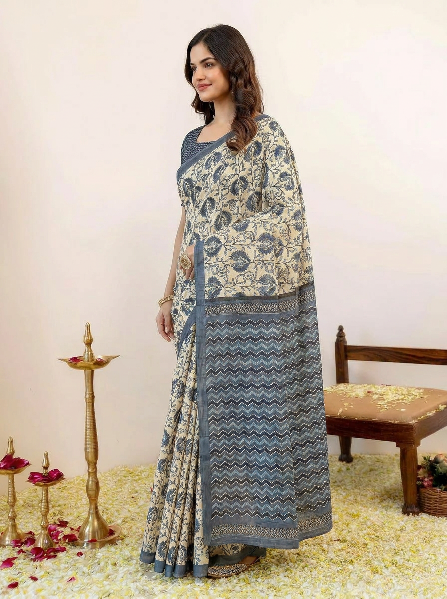 Elegant Pure Cotton Ivory & Grey Printed Saree with Designer Border - 03 side
