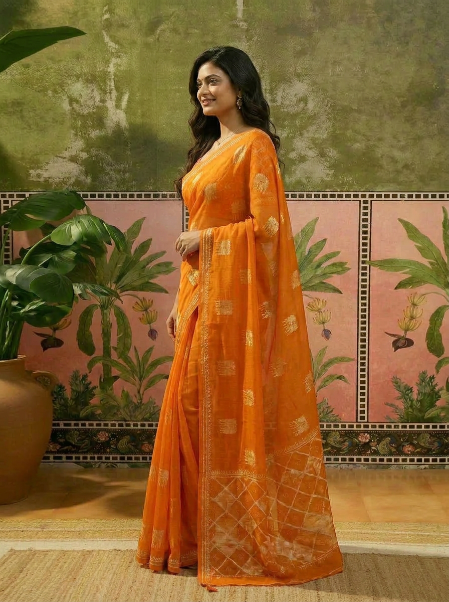 Pure Cotton Bright Orange Traditional Printed Saree - 03 side