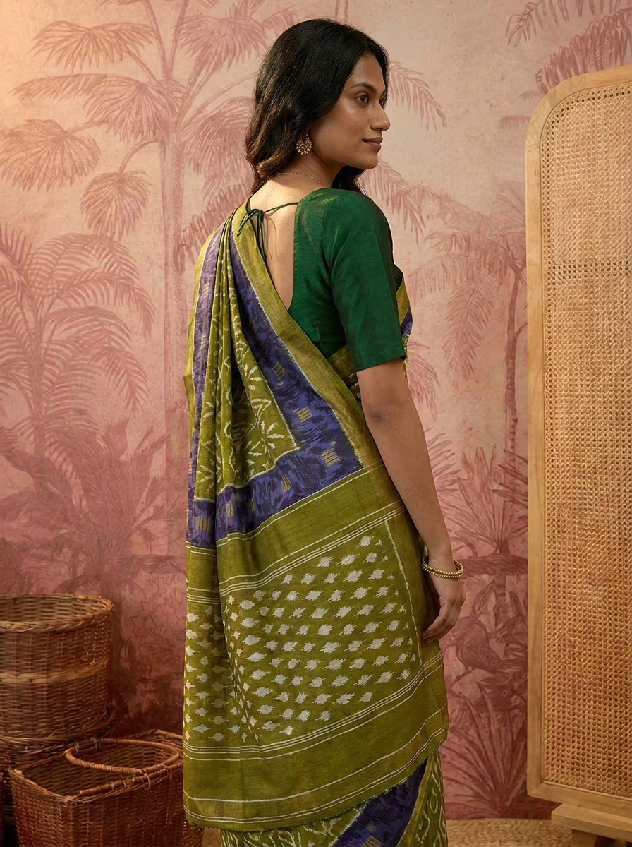 Pure Cotton Olive Green Saree with Blue Border & Traditional Prints - 03 side