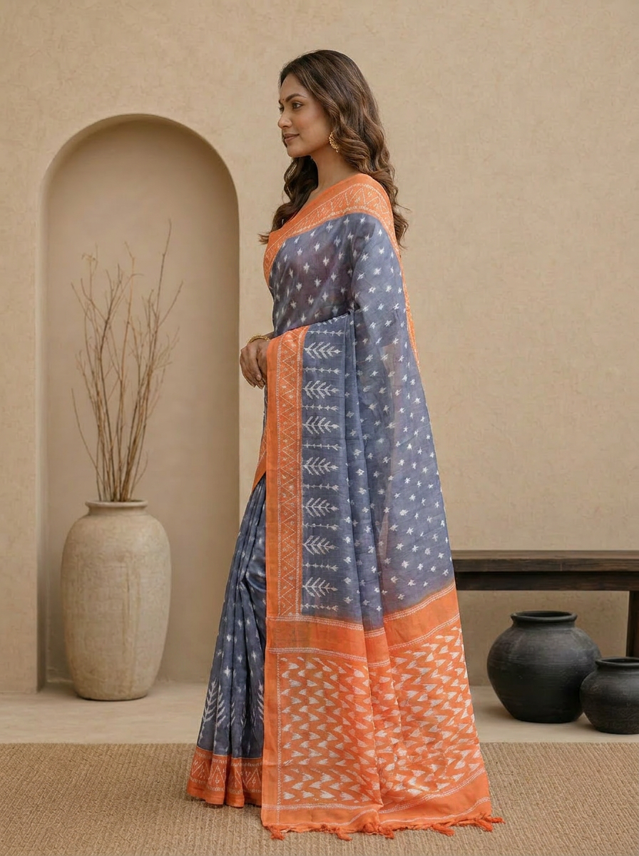 Elegant Pure Cotton Grey Saree with Orange Border & Ethnic Print - 03 side