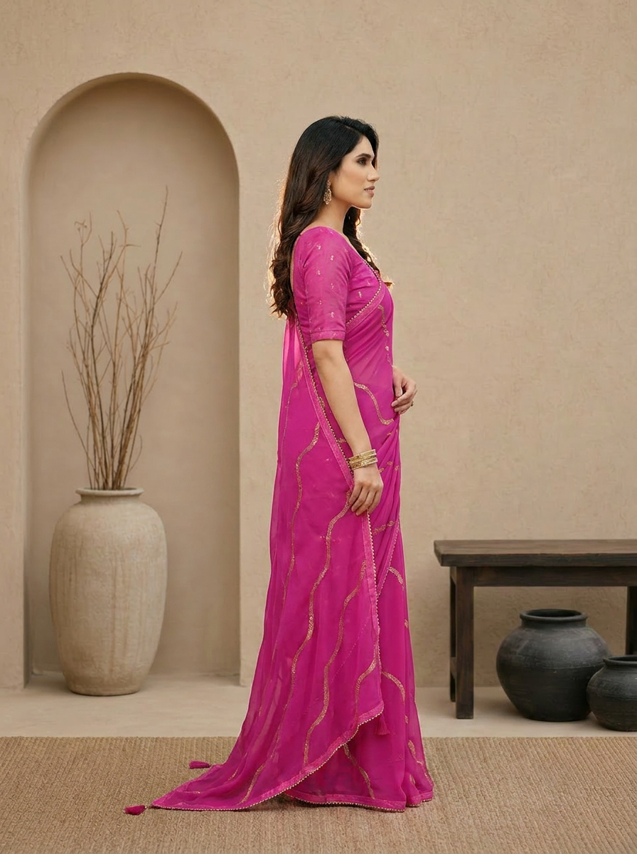 Swarna Stripe Tassel Georgette Saree