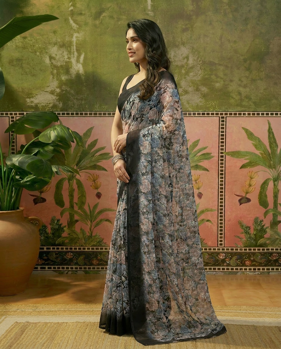 Elegant Black Floral Printed Chiffon Saree with Stylish Border – Party & Festive Wear