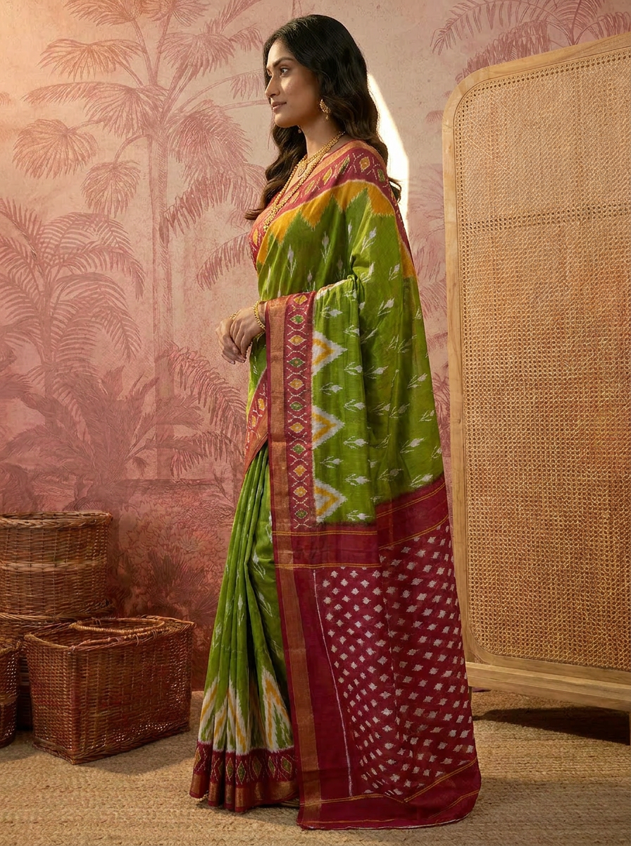 Elegant Pure Cotton Green & Magenta Printed Saree with Contrast Border - 03 side