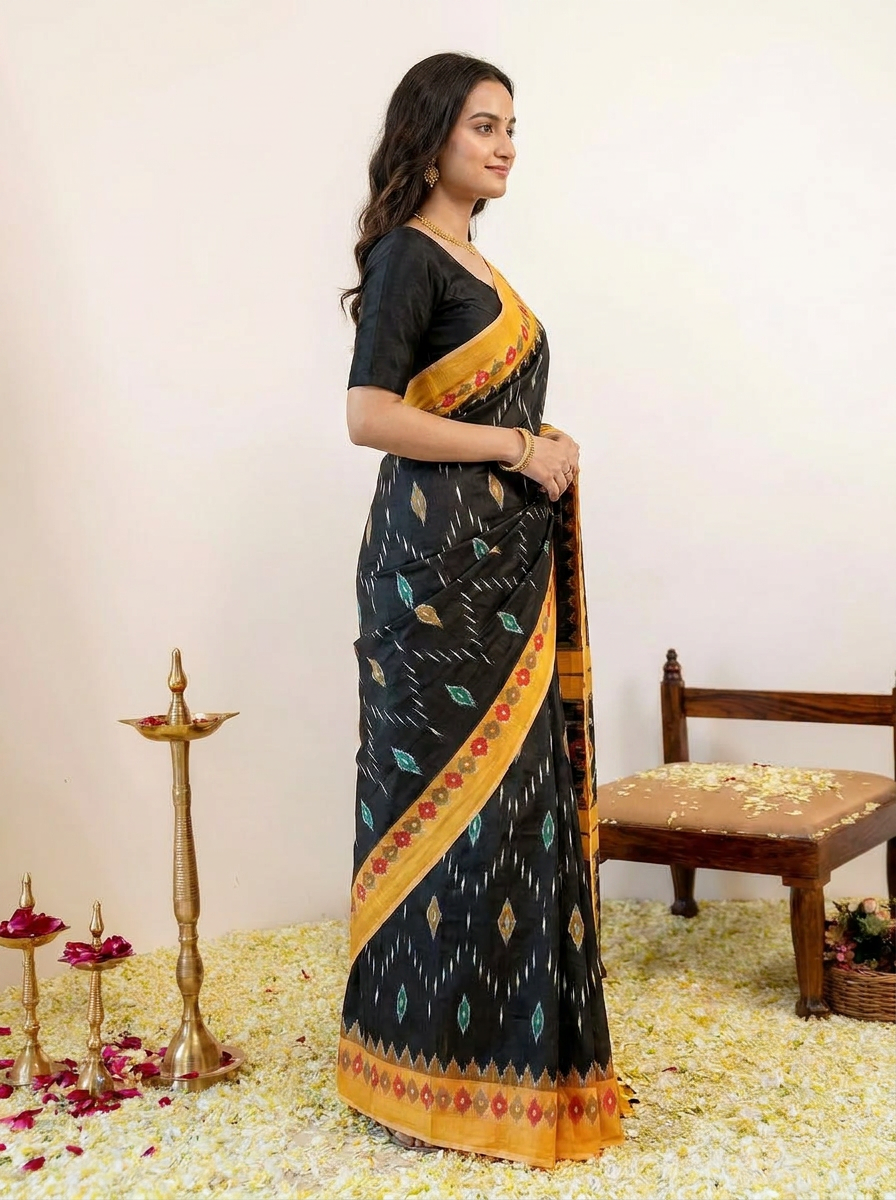 Pure Cotton Black Saree with Orange Border & Ikat Inspired Prints