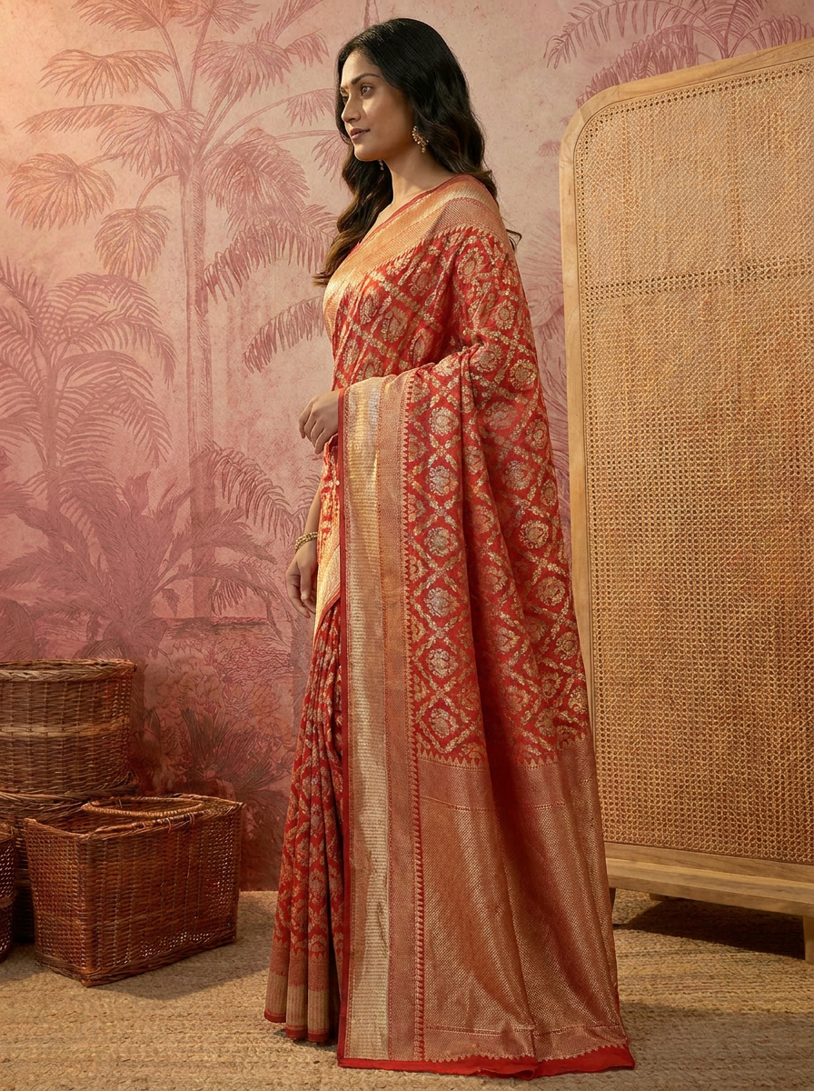 Elegant Red Banarasi Style Zari Woven Saree with Rich Golden Pallu Ã¢â‚¬â€œ Wedding & Festive Wear - 03 side