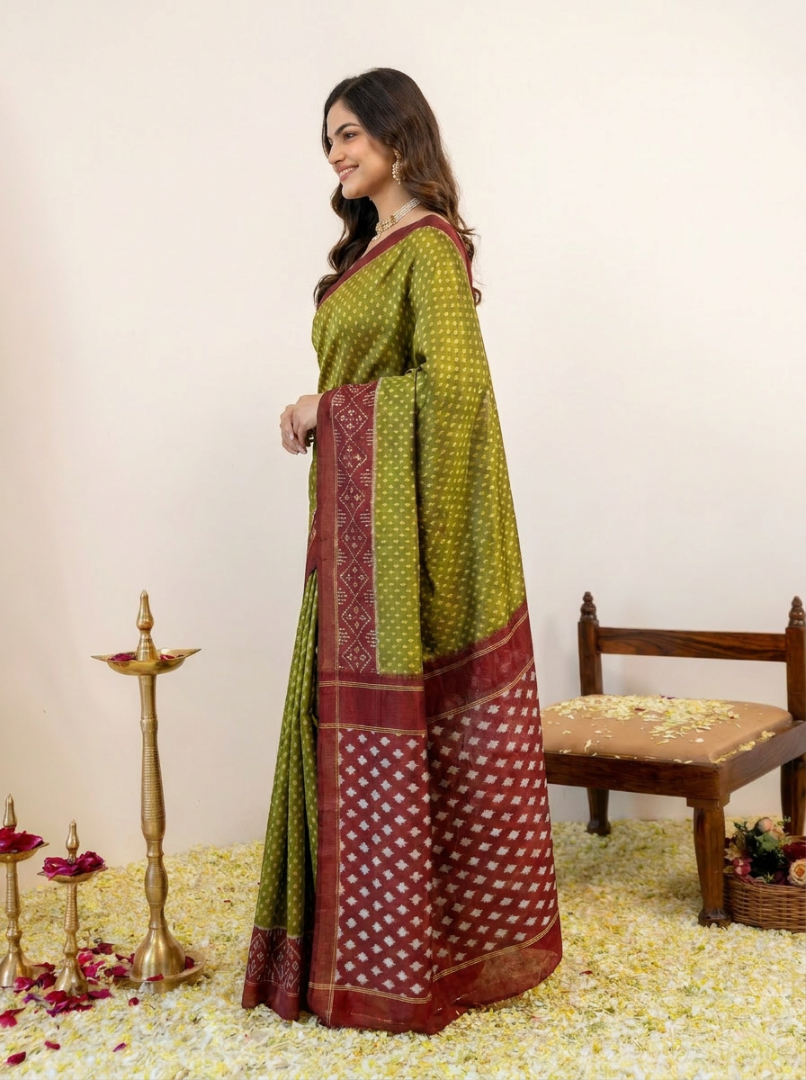 Traditional Pure Cotton Green Saree with Maroon Border & Ethnic Print - 03 side
