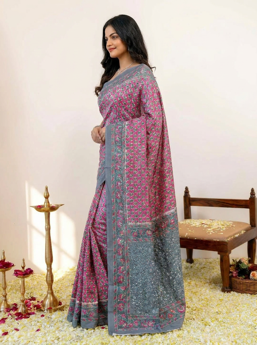 Pure Cotton Pink Saree with Grey Border & Floral Motifs