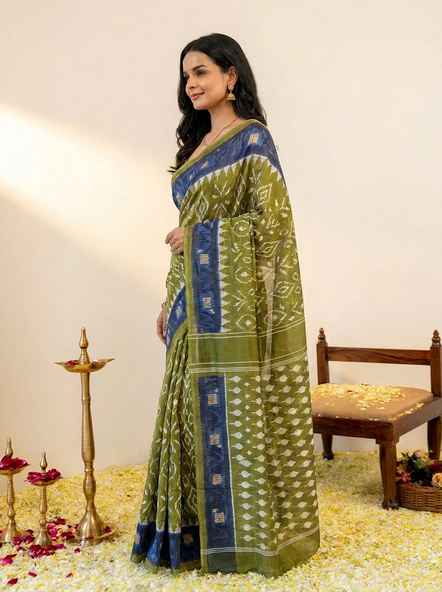 Pure Cotton Olive Green Saree with Navy Blue Border & Ikat Prints