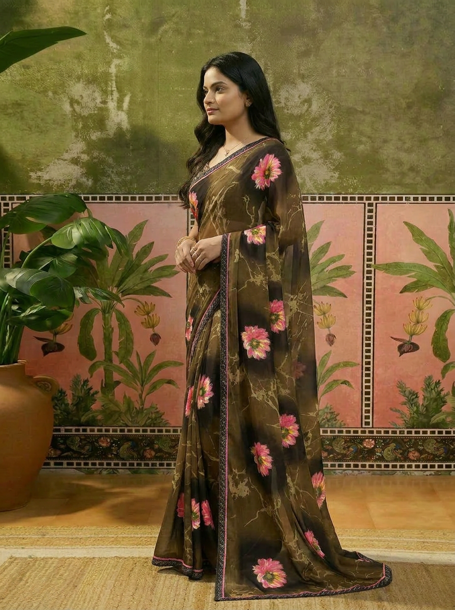 Elegant Olive Brown Floral Printed Saree with Pink Flower Design Ã¢â‚¬â€œ Stylish Party & Casual Wear - 03 side
