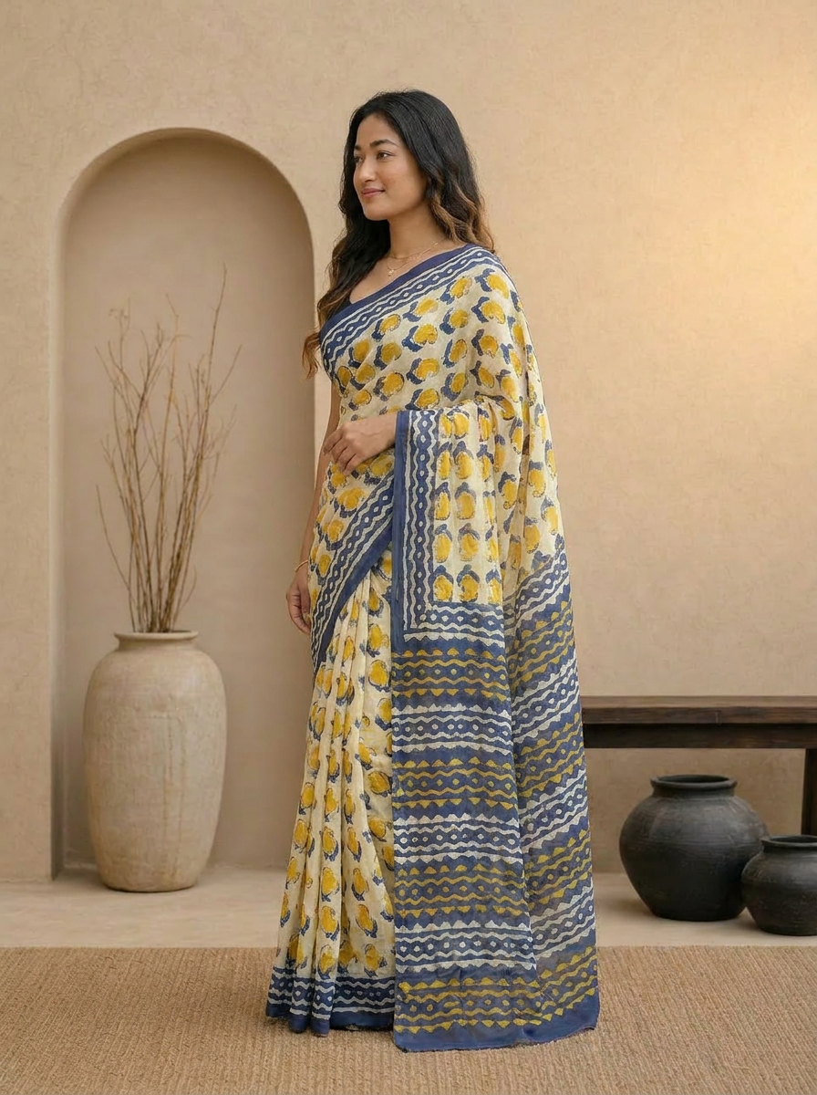 Pure Cotton Mustard Yellow Saree with Navy Blue Ethnic Prints - 03 side