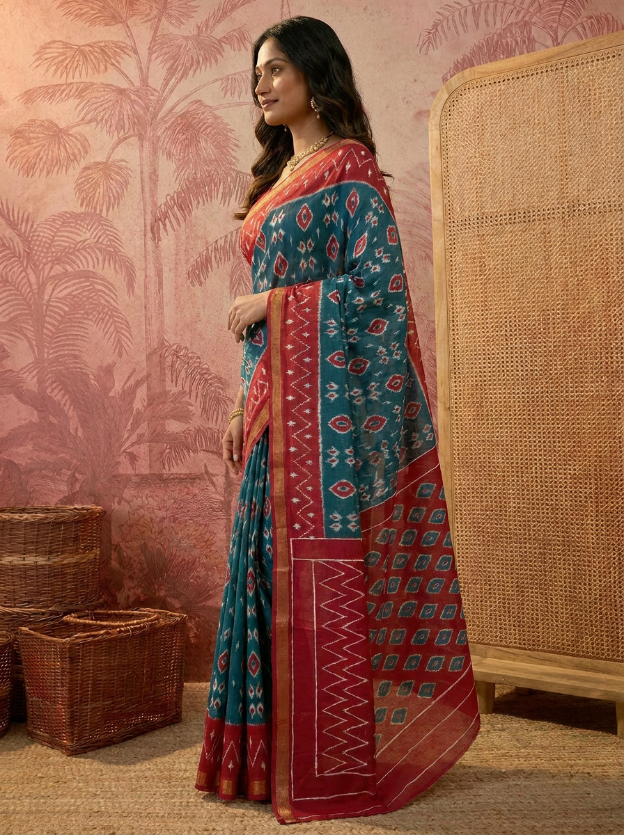 Stylish Pure Cotton Blue Printed Saree with Contrast Border - 03 side