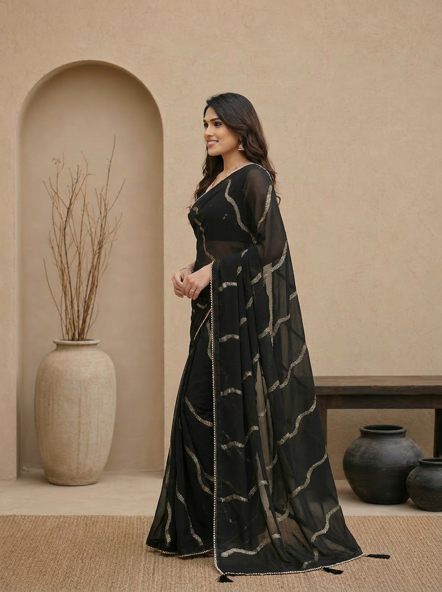 Swarna Stripe Tassel Georgette Saree
