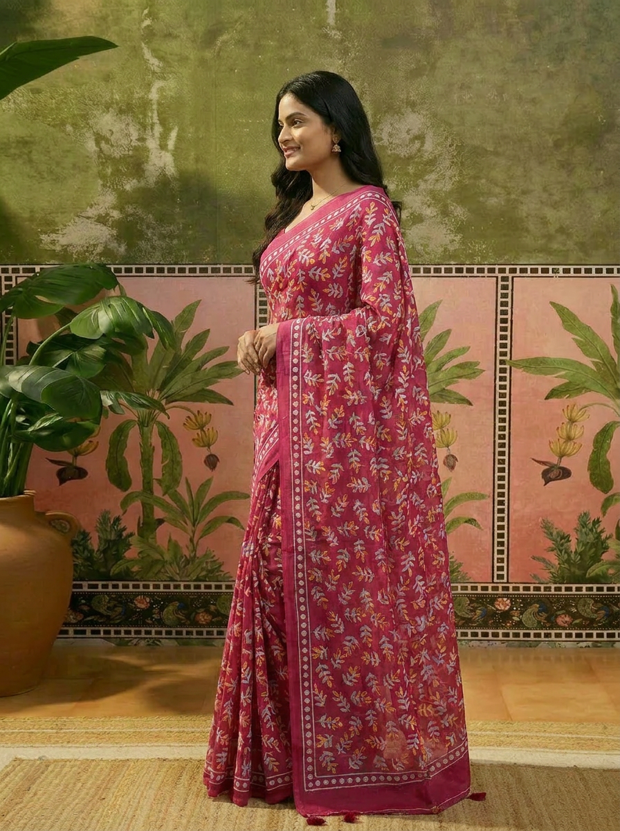 Pure Cotton Rani Pink Floral Printed Saree with Elegant Border - 03 side