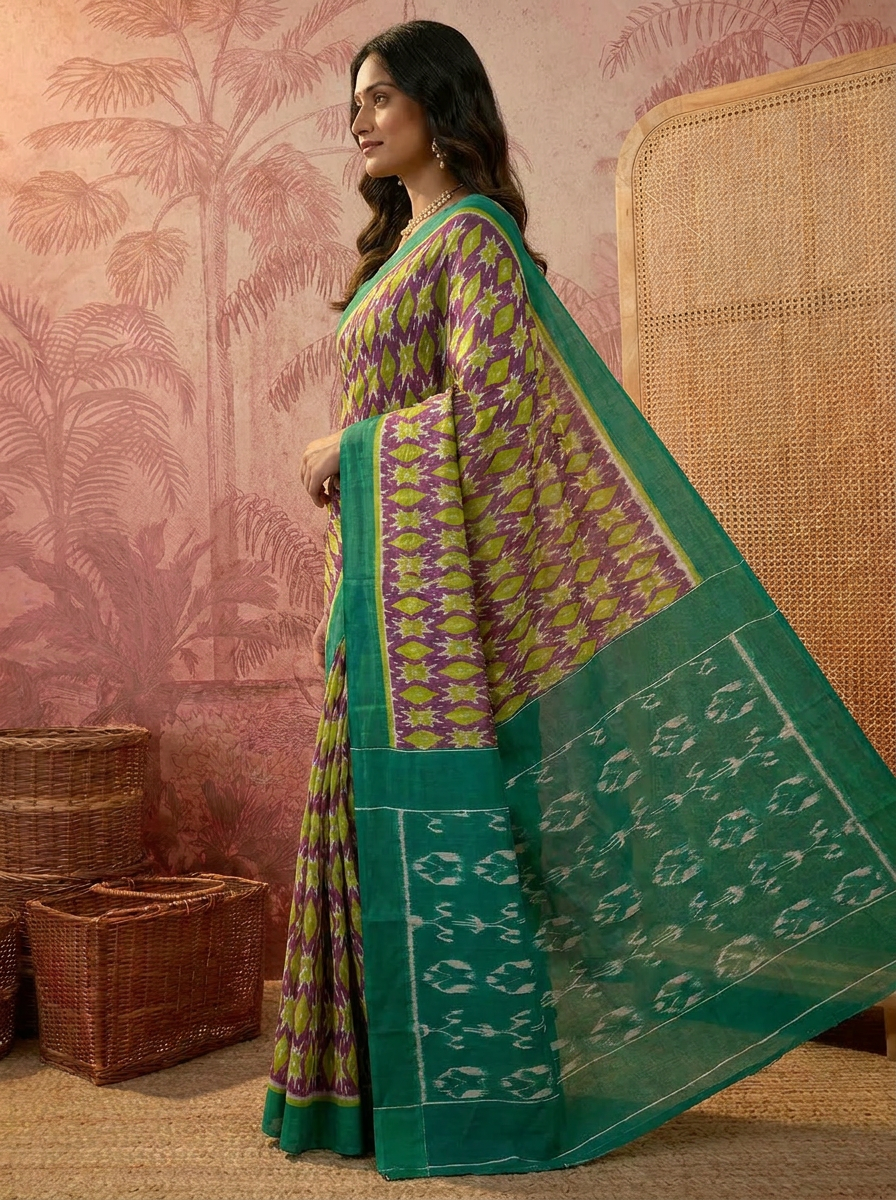 Stylish Pure Cotton Green & Purple Printed Saree with Contrast Pallu - 03 side