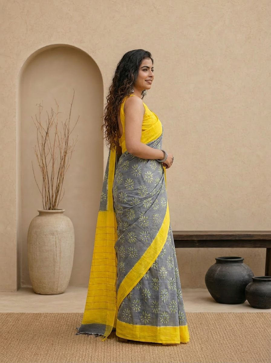Stylish Pure Cotton Grey Saree with Yellow Border & Floral Print - 03 side